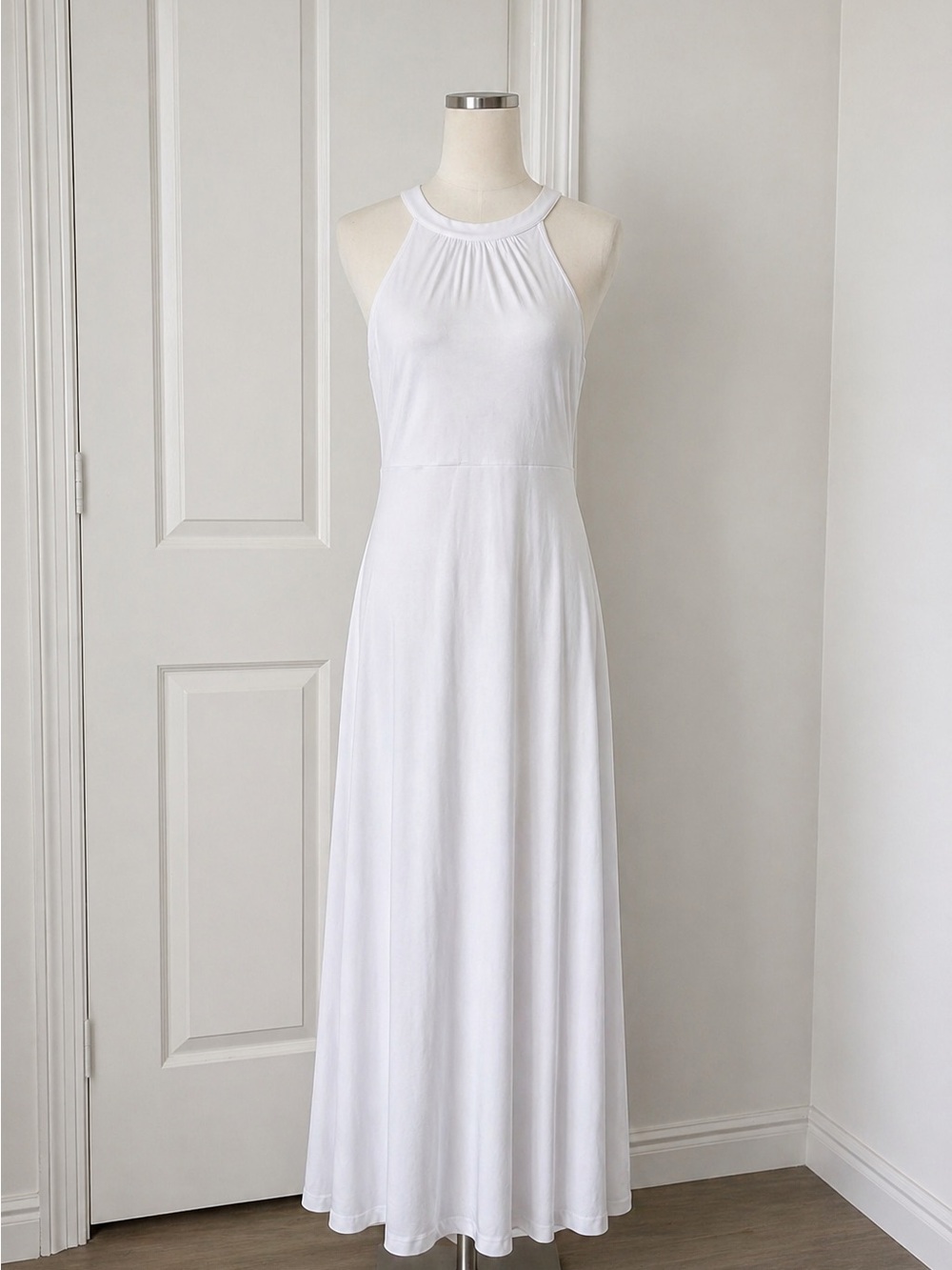 Sleeveless White Halter Maxi Dress